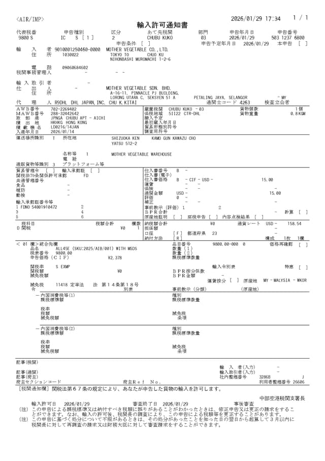 Japan Import Permit